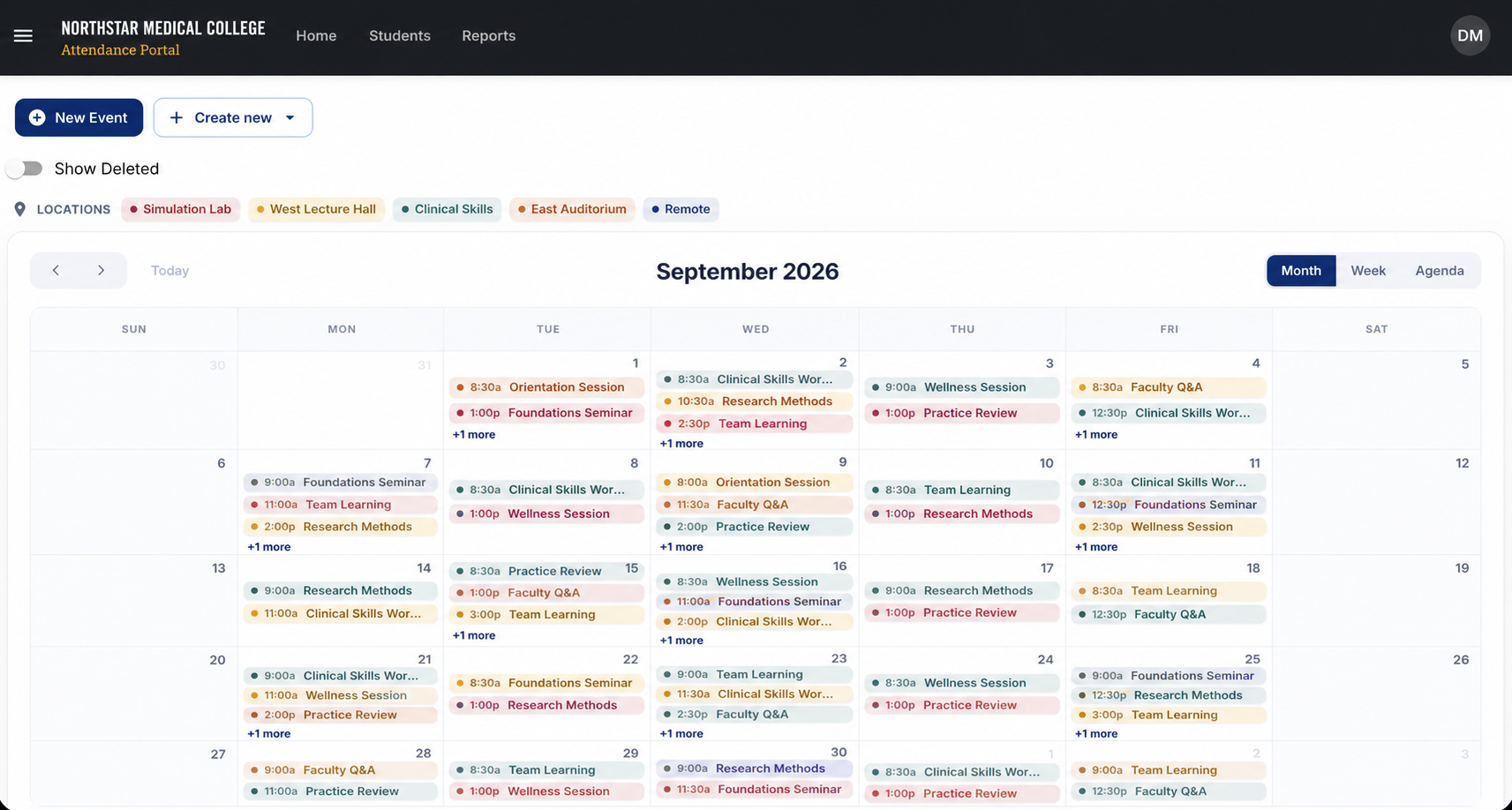 Attendance portal calendar showing a month of scheduled lectures, labs, and clinical sessions across campus locations