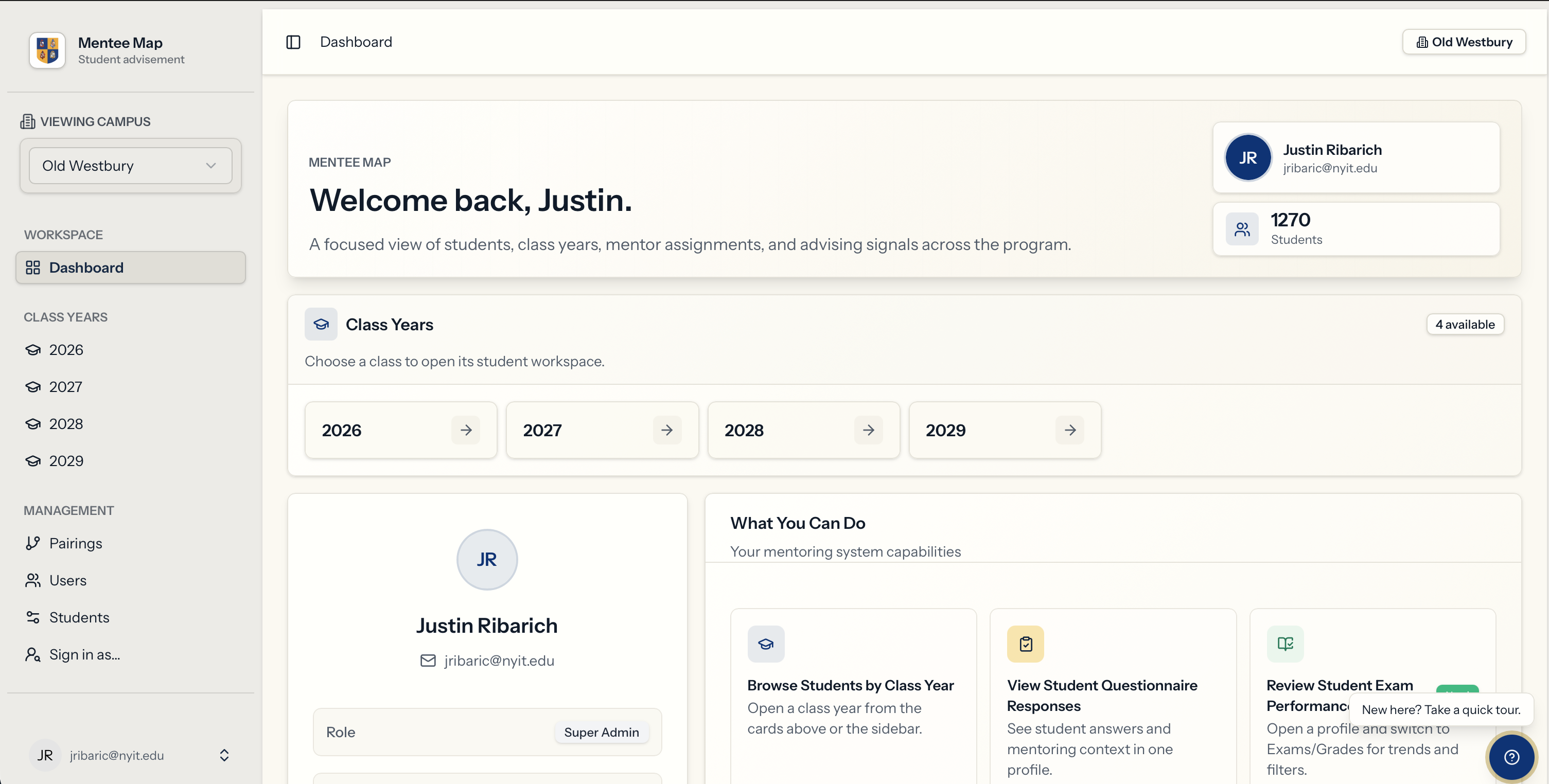 Mentee Map dashboard showing class years, student count, advising tools, and administrator profile